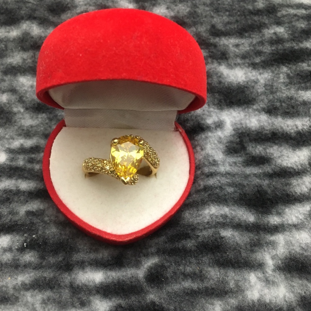 925 Silver Gold Plated Pear Yellow Topaz CZ Ring